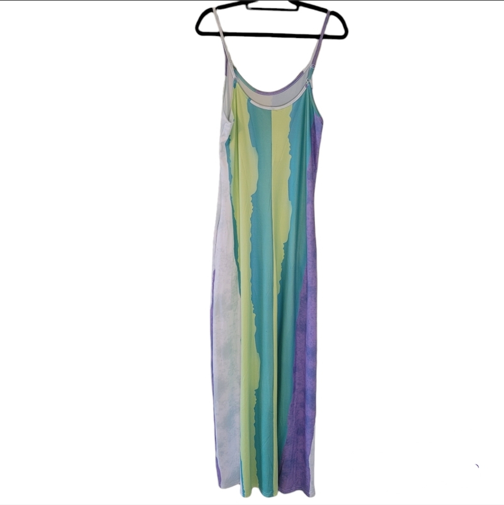 Multi color maxi dress. Purple, green white. Spaghetti straps. Size Me…